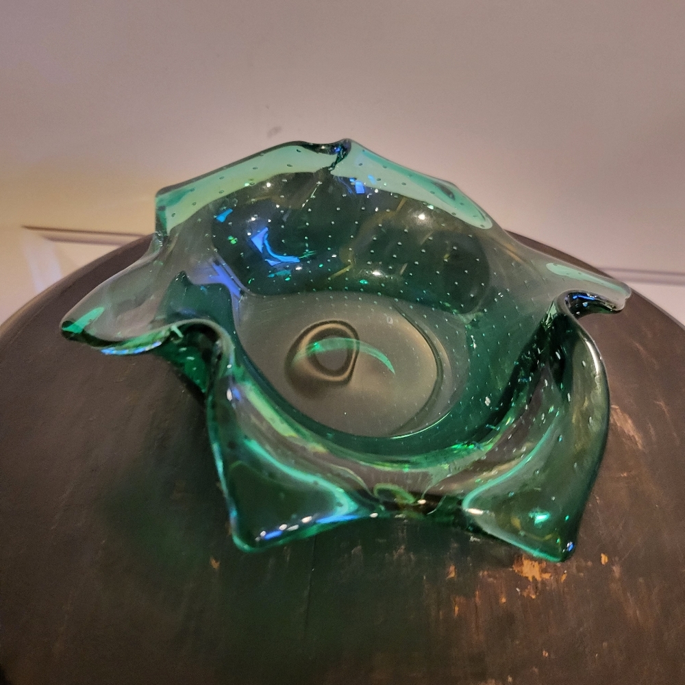 VINTAGE 50's CARL ERICKSON STUDIO GLASS GREEN CONTROLLED BUBBLE ASHTRAY 7" - Picture 4 of 8